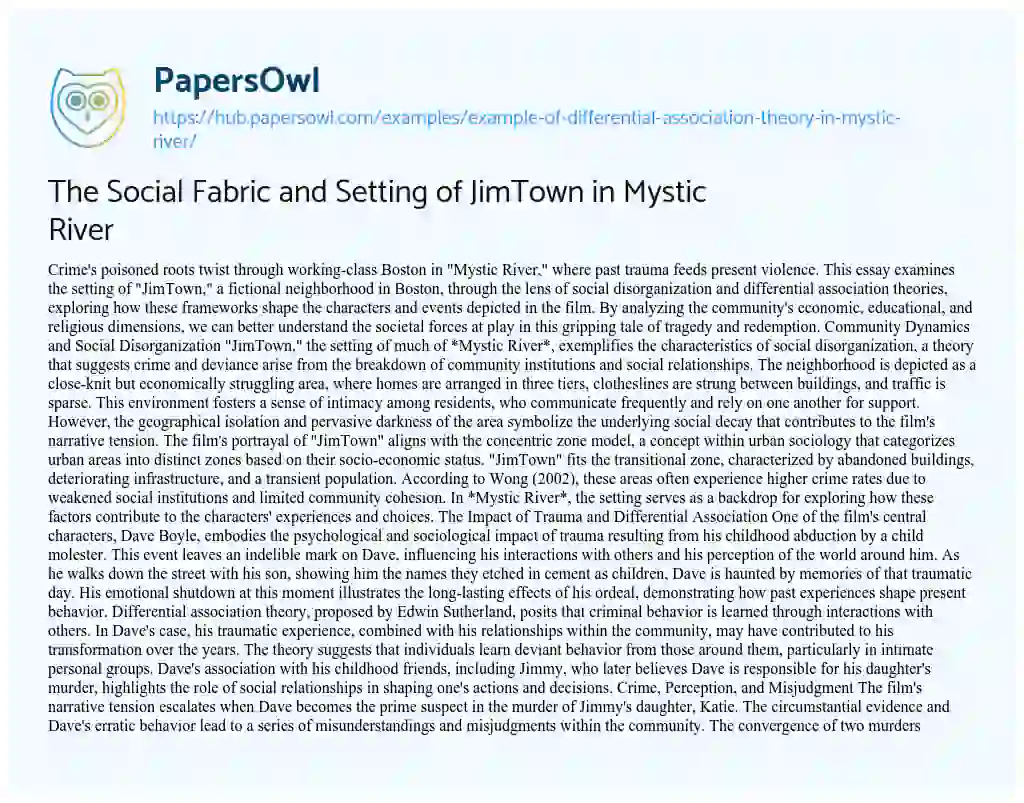 Essay on The Social Fabric and Setting of JimTown in Mystic River