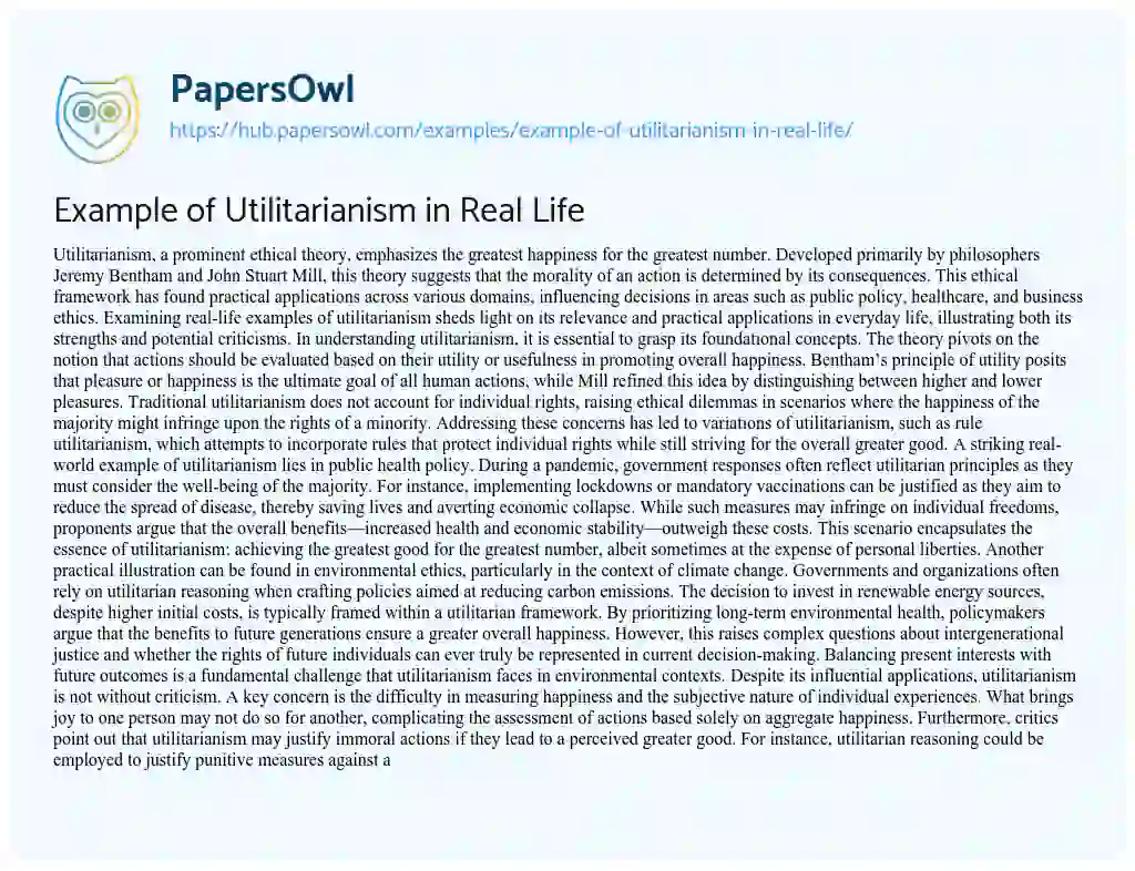Essay on Example of Utilitarianism in Real Life