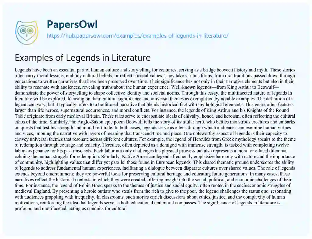 Essay on Examples of Legends in Literature