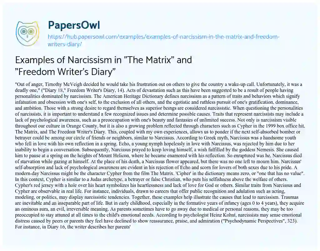 Essay on Examples of Narcissism in “The Matrix” and “Freedom Writer’s Diary”