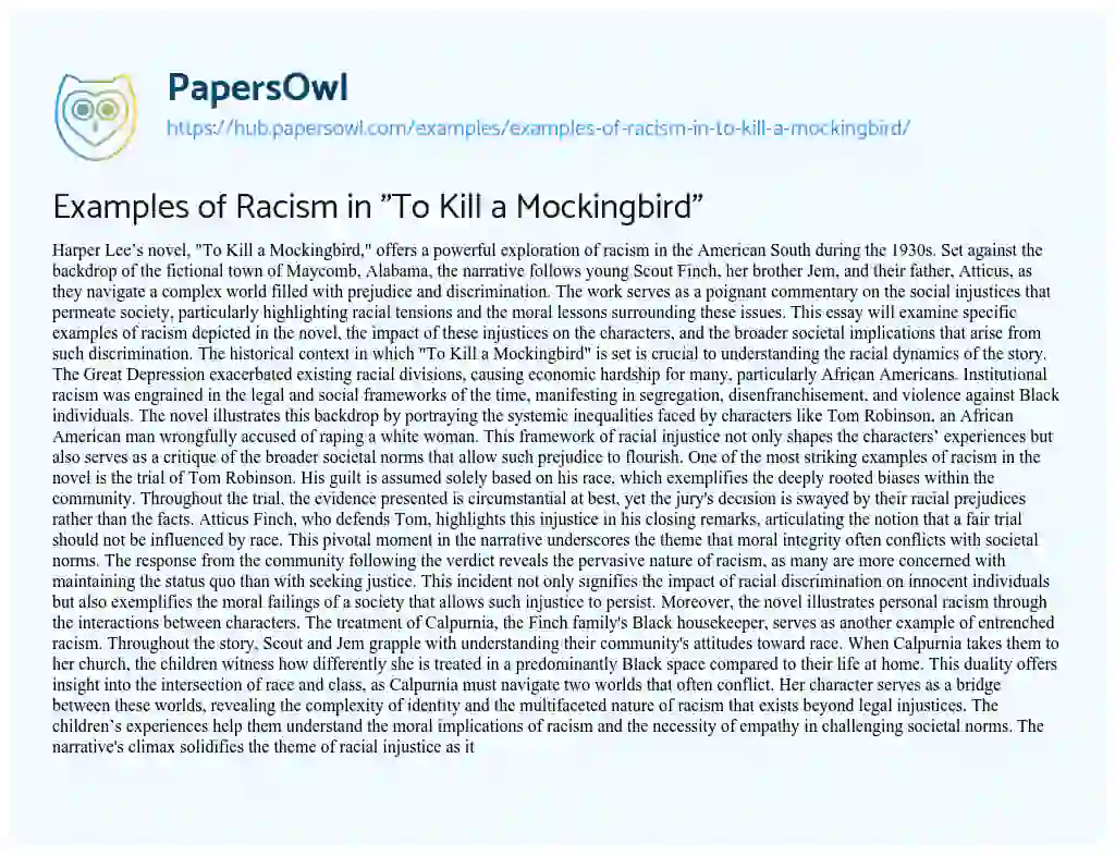 Essay on Examples of Racism in “To Kill a Mockingbird”