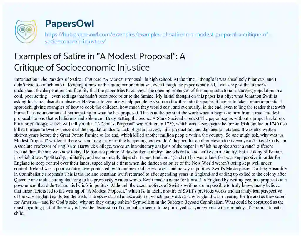Essay on Examples of Satire in “A Modest Proposal”: A Critique of Socioeconomic Injustice