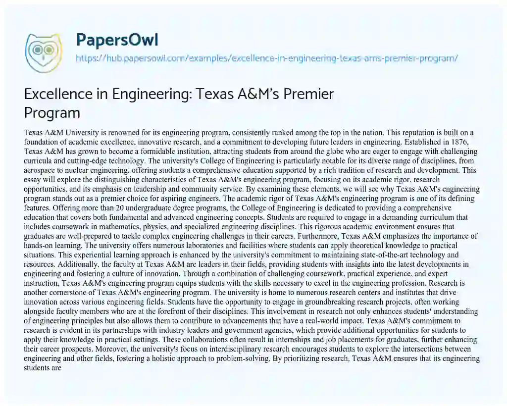 Essay on Excellence in Engineering: Texas A&M’s Premier Program