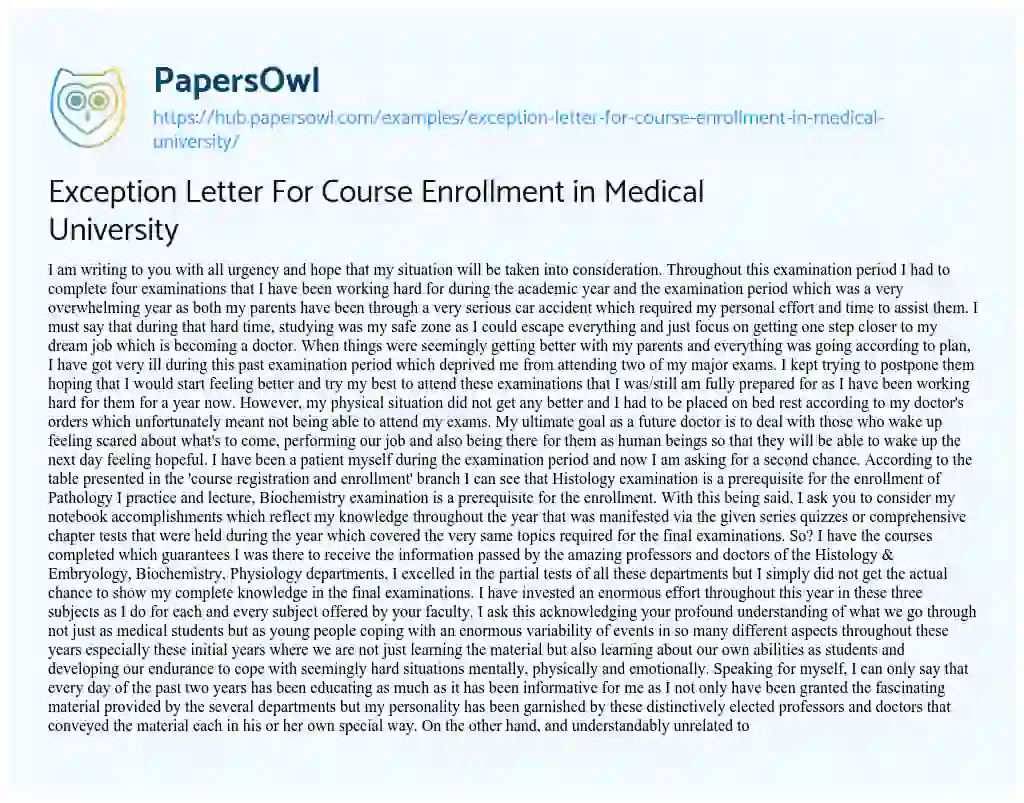 Essay on Exception Letter For Course Enrollment in Medical University