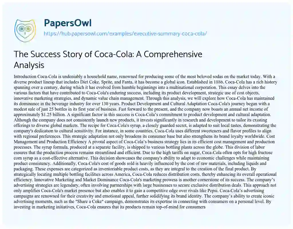 Essay on The Success Story of Coca-Cola: A Comprehensive Analysis