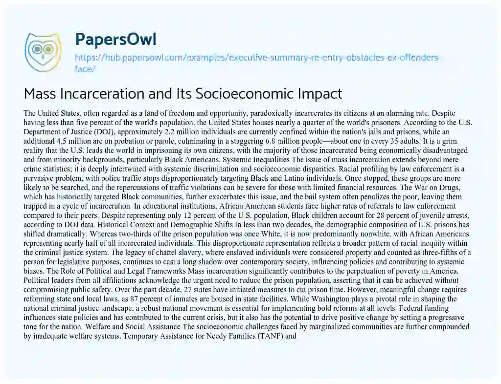 Essay on Mass Incarceration and Its Socioeconomic Impact