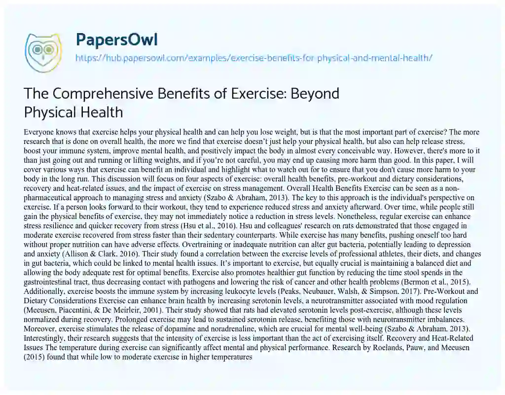 Essay on The Comprehensive Benefits of Exercise: Beyond Physical Health