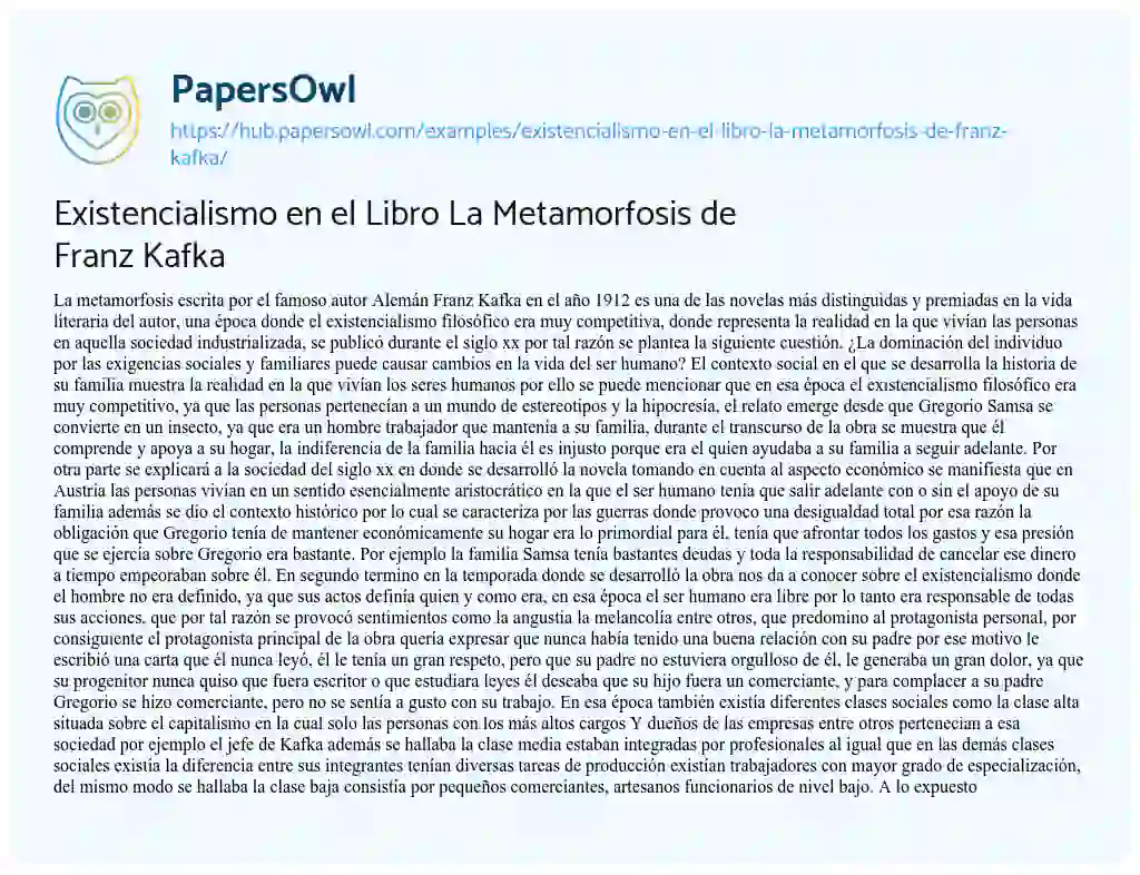 Essay on Existencialismo en el Libro La Metamorfosis de Franz Kafka