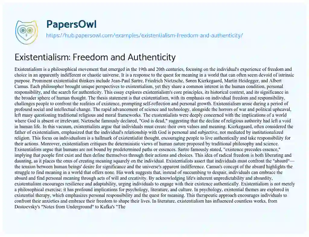 Essay on Existentialism: Freedom and Authenticity