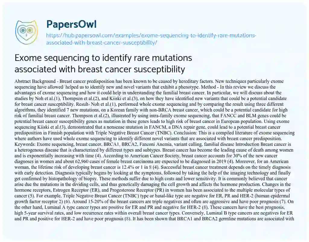 Essay on Exome sequencing to identify rare mutations associated with breast cancer susceptibility