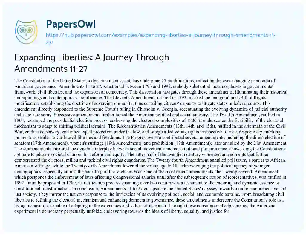 Essay on Expanding Liberties: A Journey Through Amendments 11-27