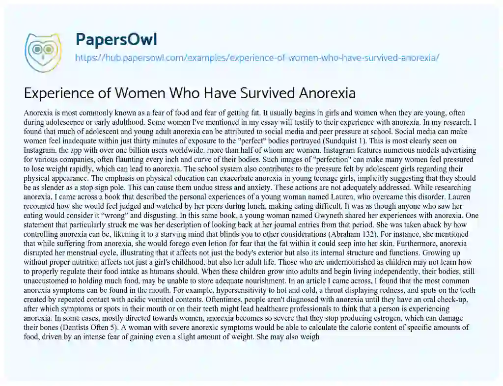 Essay on Experience of Women Who Have Survived Anorexia