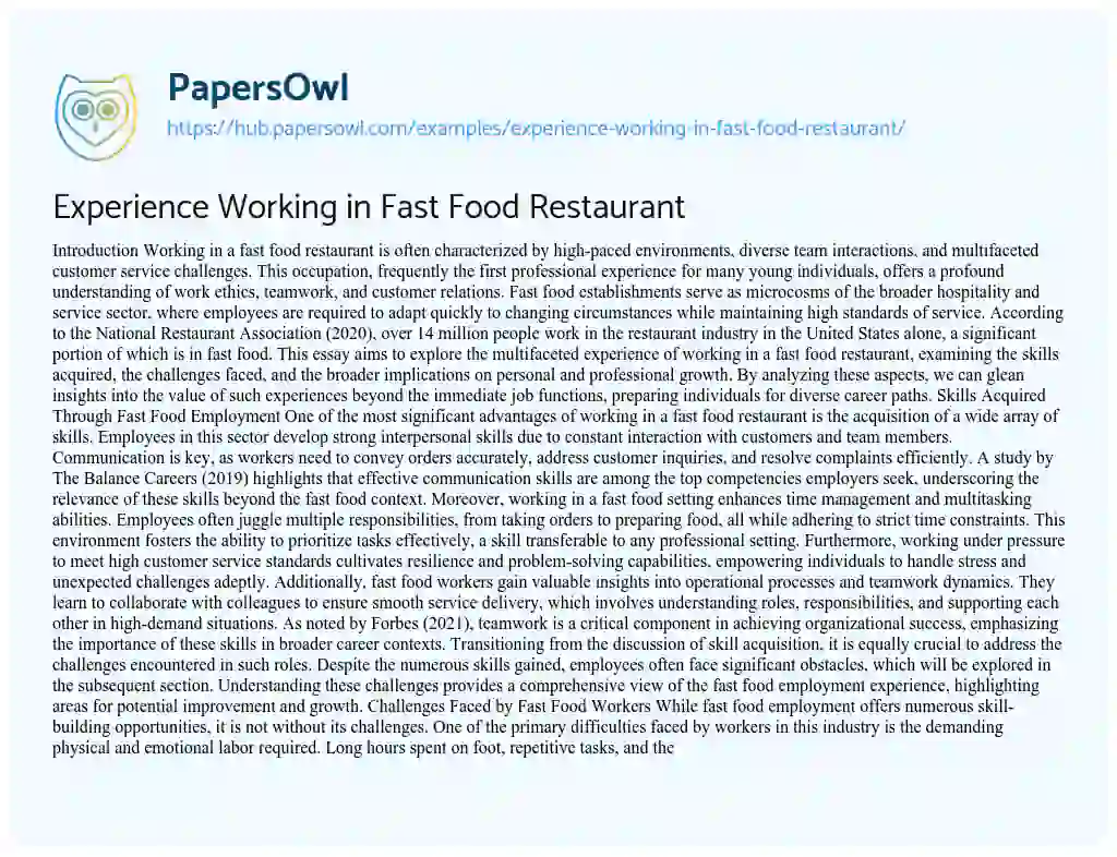 Essay on Experience Working in Fast Food Restaurant
