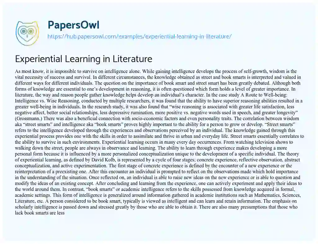 Essay on Experiential Learning in Literature