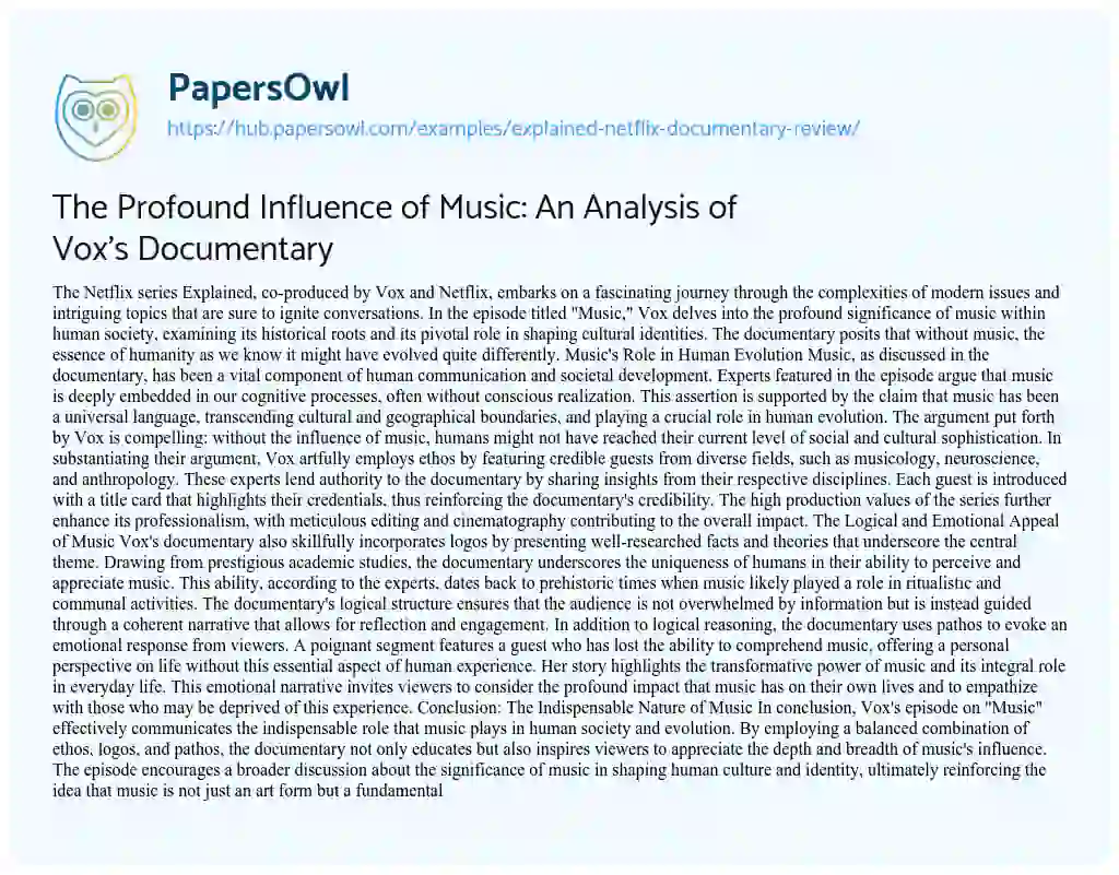 Essay on The Profound Influence of Music: An Analysis of Vox’s Documentary