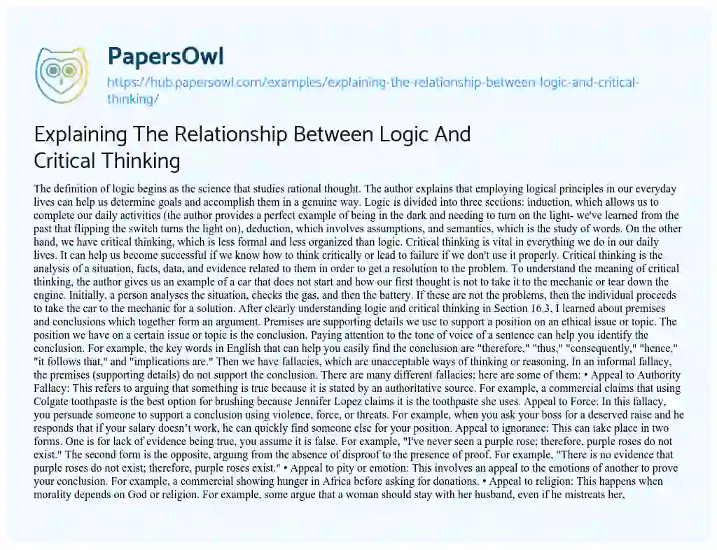 Essay on Explaining The Relationship Between Logic And Critical Thinking