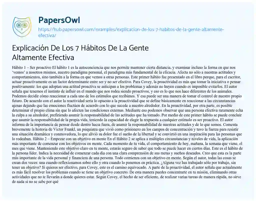 Essay on Explicación De Los 7 Hábitos De La Gente Altamente Efectiva