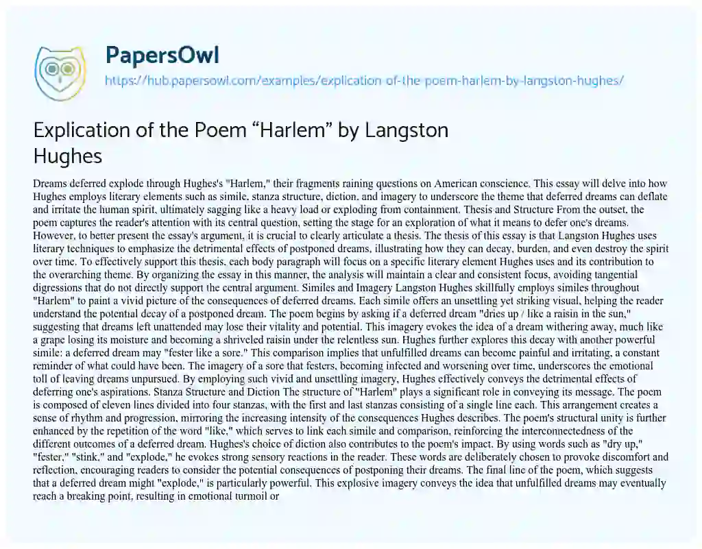 Essay on Explication of the Poem “Harlem” by Langston Hughes