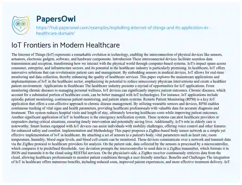 Essay on IoT Frontiers in Modern Healthcare