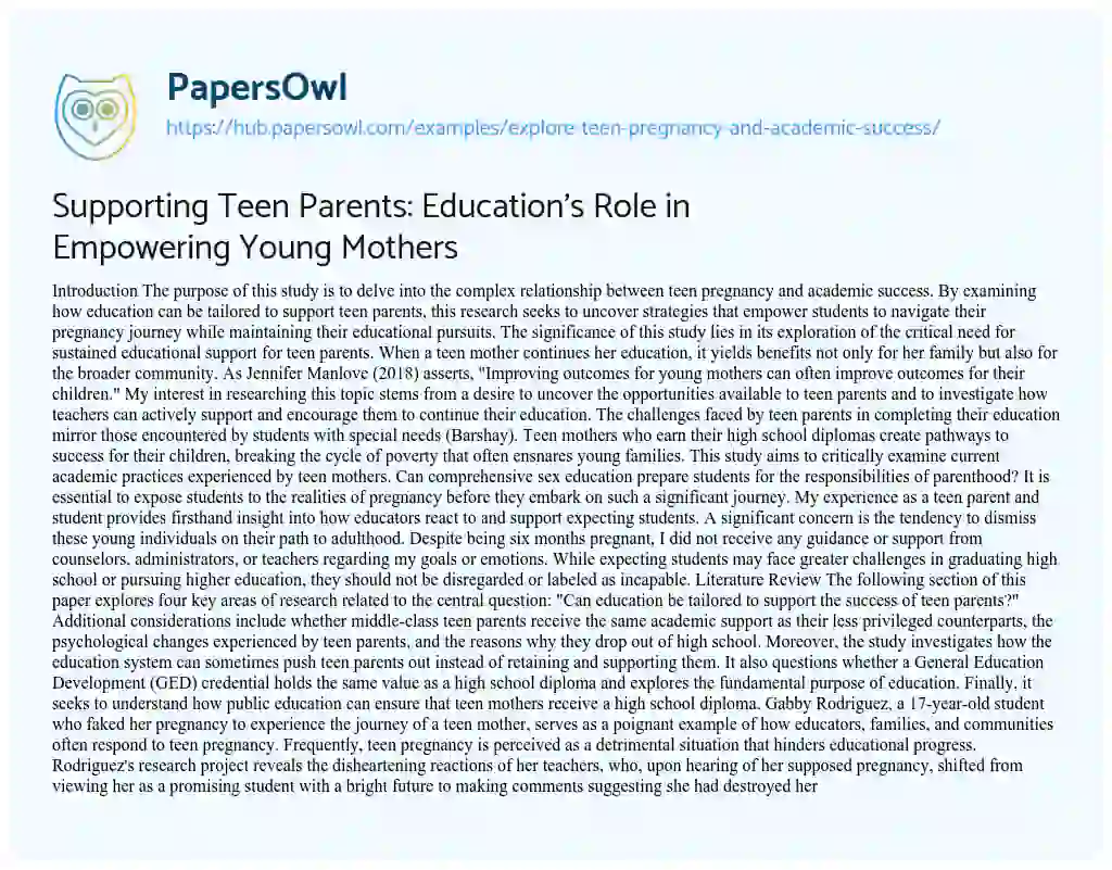 Essay on Supporting Teen Parents: Education’s Role in Empowering Young Mothers
