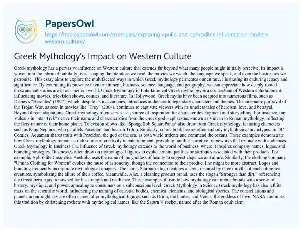 Essay on Greek Mythology’s Impact on Western Culture