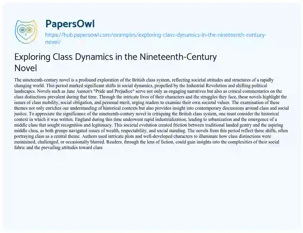 Essay on Exploring Class Dynamics in the Nineteenth-Century Novel
