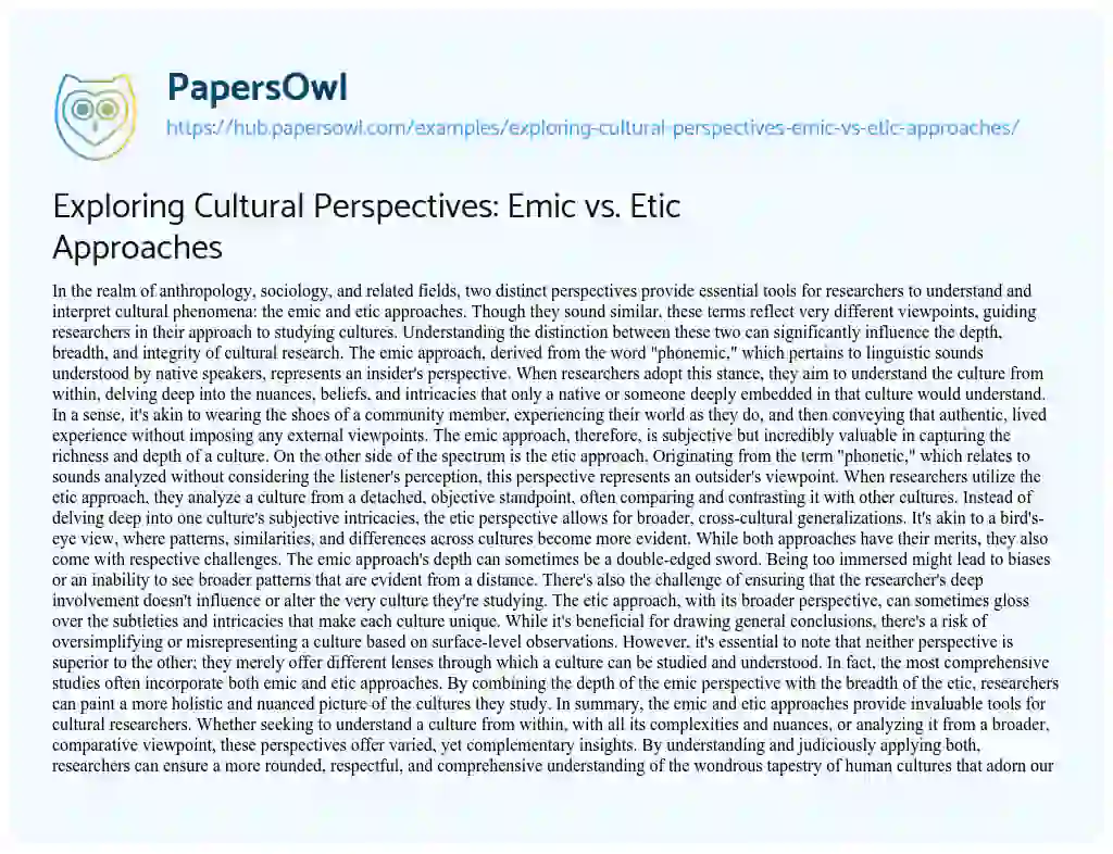 Essay on Exploring Cultural Perspectives: Emic vs. Etic Approaches