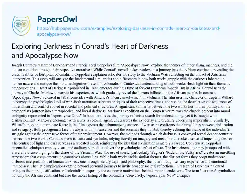 Essay on Exploring Darkness in Conrad’s Heart of Darkness and Apocalypse Now