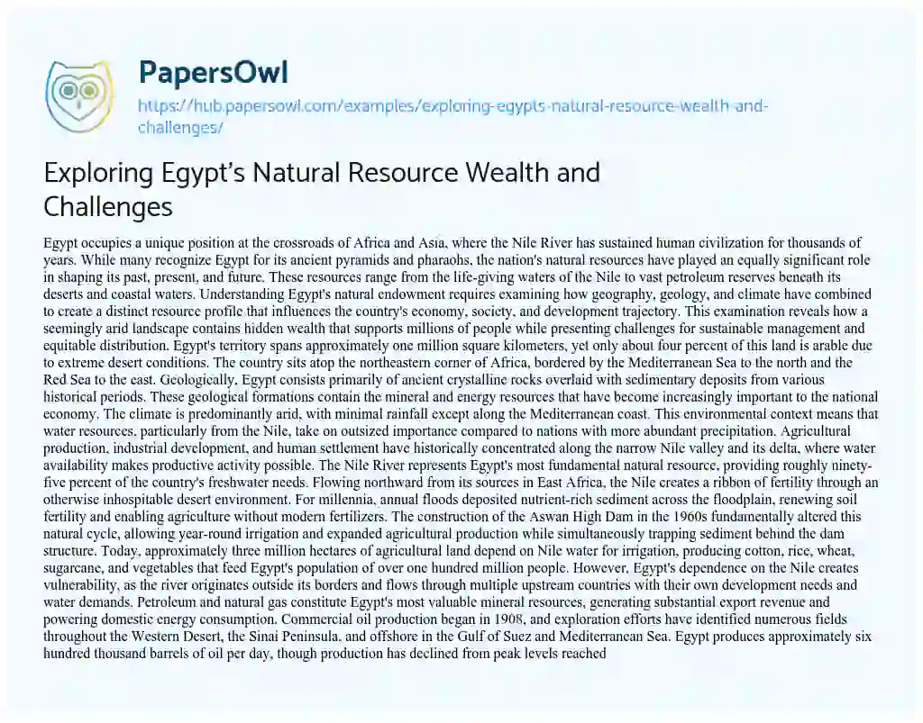 Essay on Exploring Egypt’s Natural Resource Wealth and Challenges