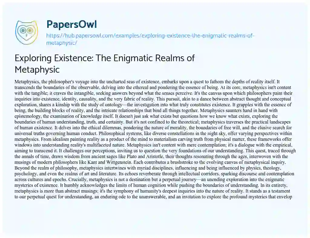 Essay on Exploring Existence: The Enigmatic Realms of Metaphysic