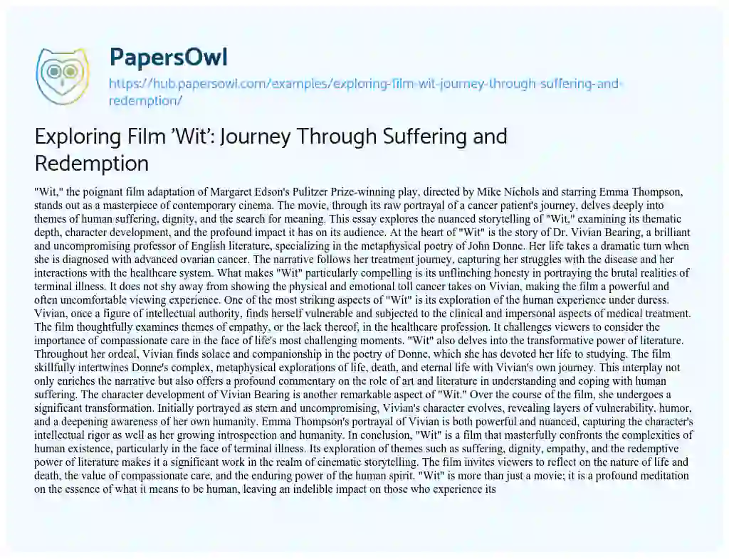 Essay on Exploring Film ‘Wit’: Journey Through Suffering and Redemption