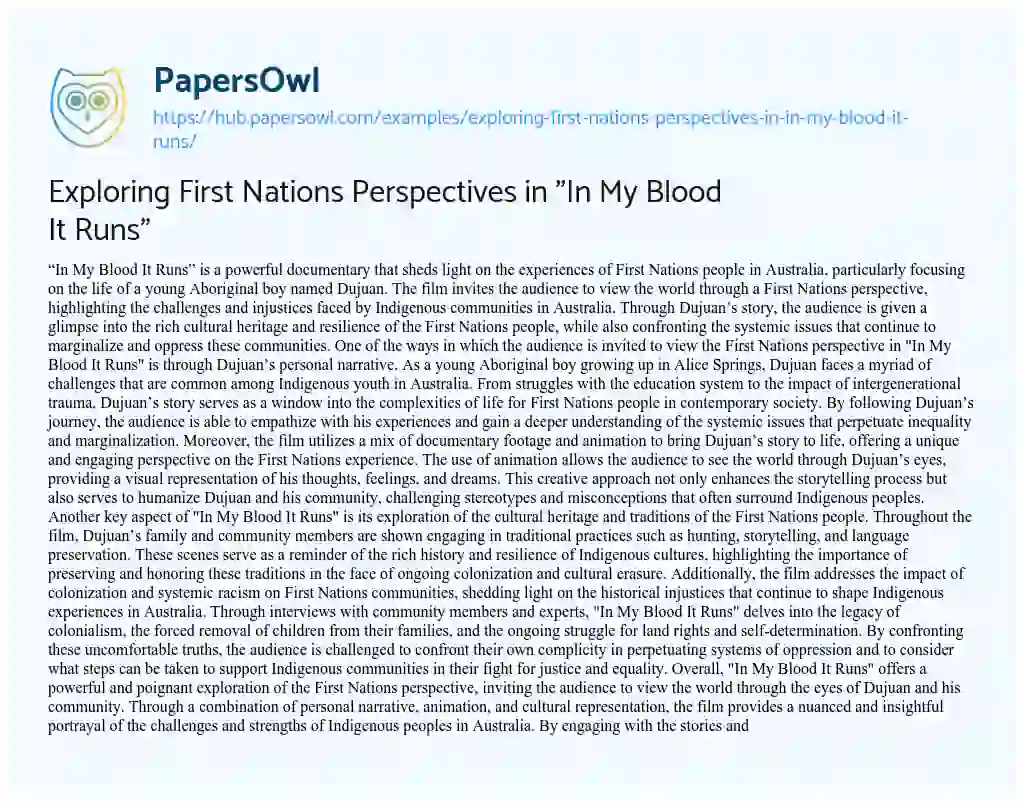 Essay on Exploring First Nations Perspectives in “In My Blood It Runs”
