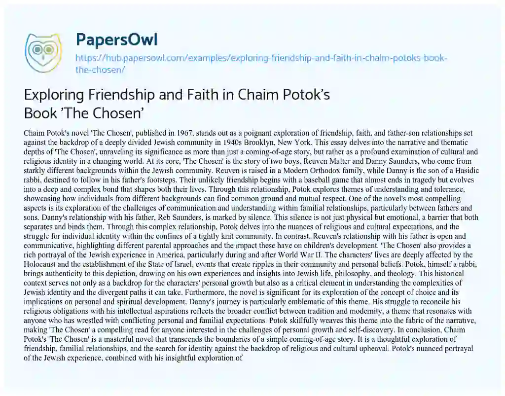 Essay on Exploring Friendship and Faith in Chaim Potok’s Book ‘The Chosen’