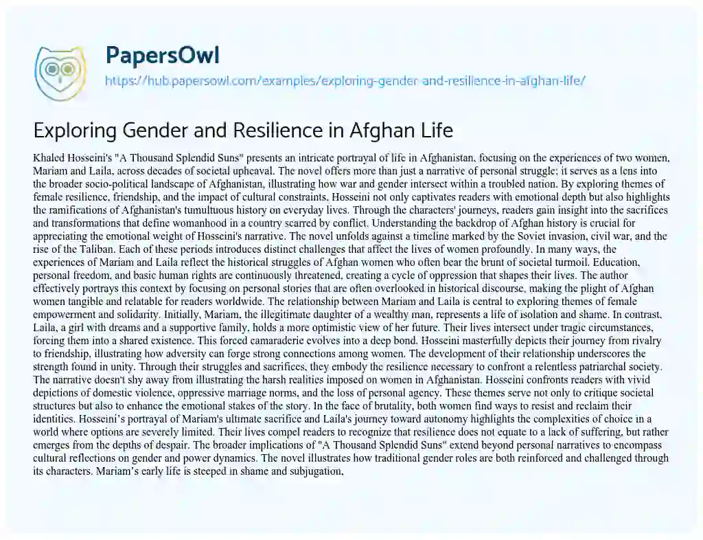 Essay on Exploring Gender and Resilience in Afghan Life