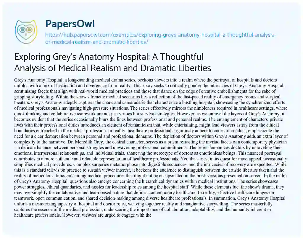 Essay on Exploring Grey’s Anatomy Hospital: A Thoughtful Analysis of Medical Realism and Dramatic Liberties