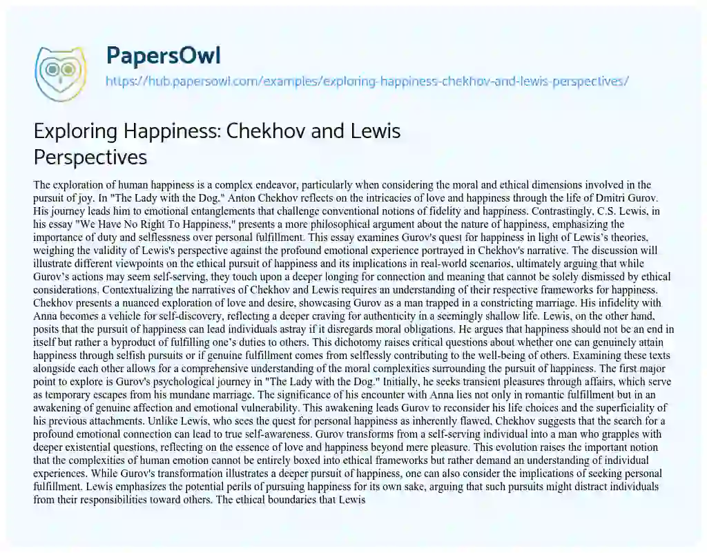 Essay on Exploring Happiness: Chekhov and Lewis Perspectives