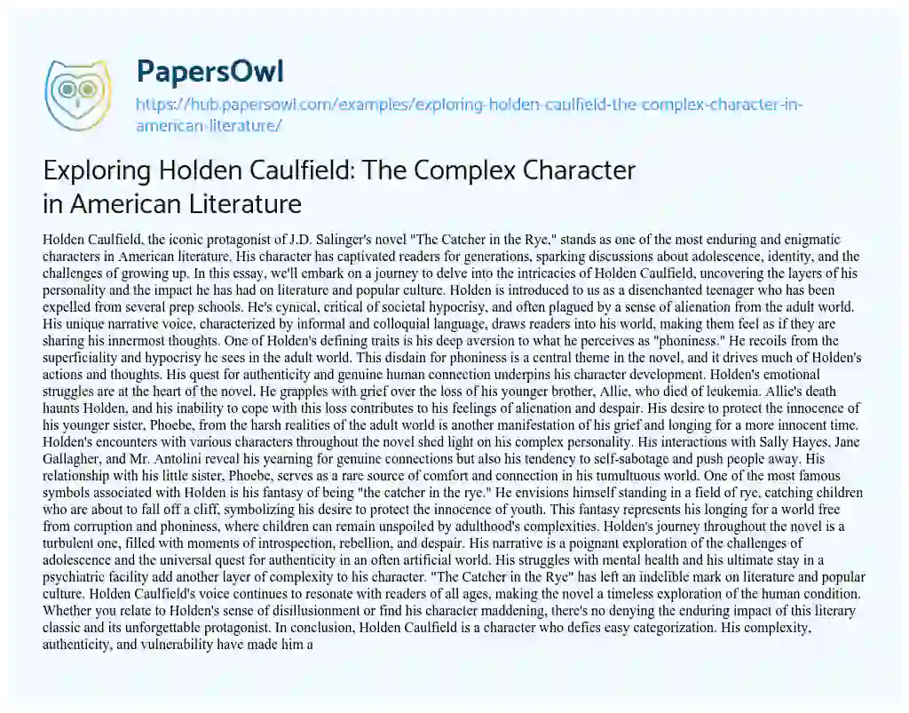 Essay on Exploring Holden Caulfield: The Complex Character in American Literature