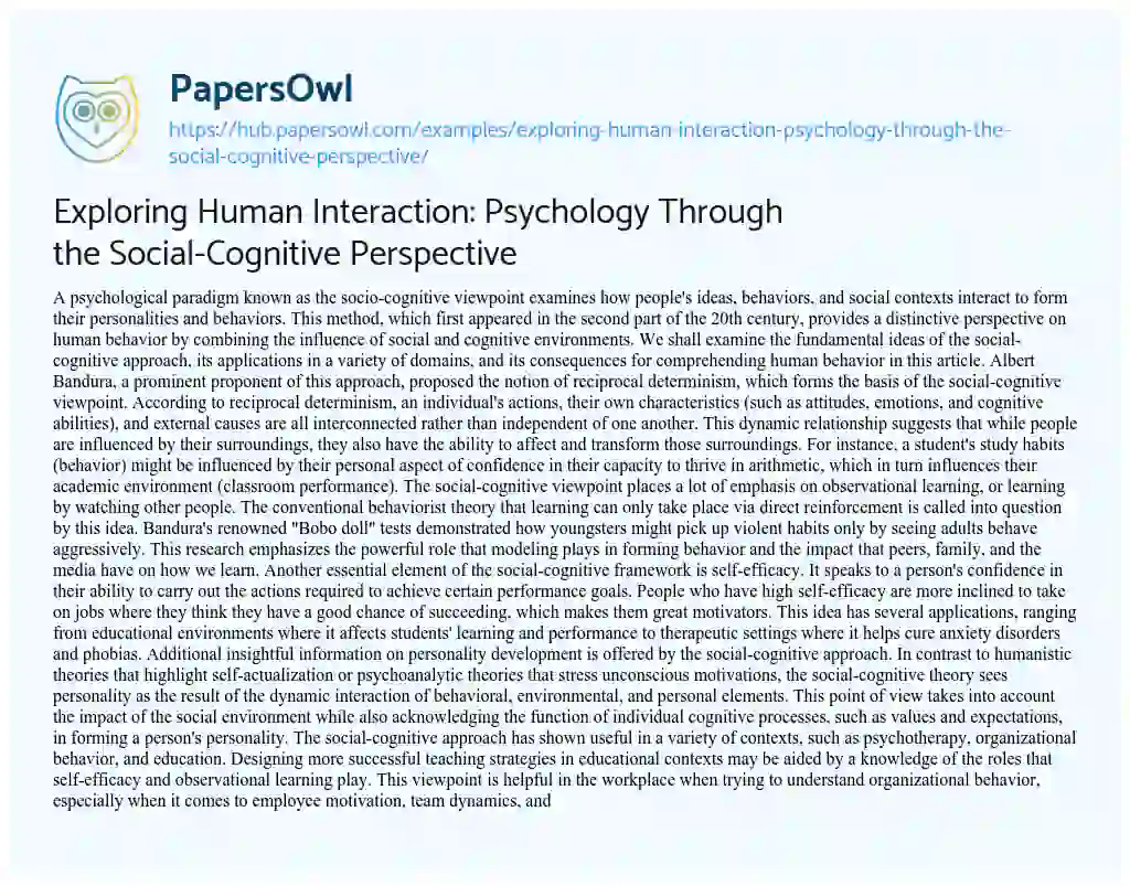 Essay on Exploring Human Interaction: Psychology Through the Social-Cognitive Perspective
