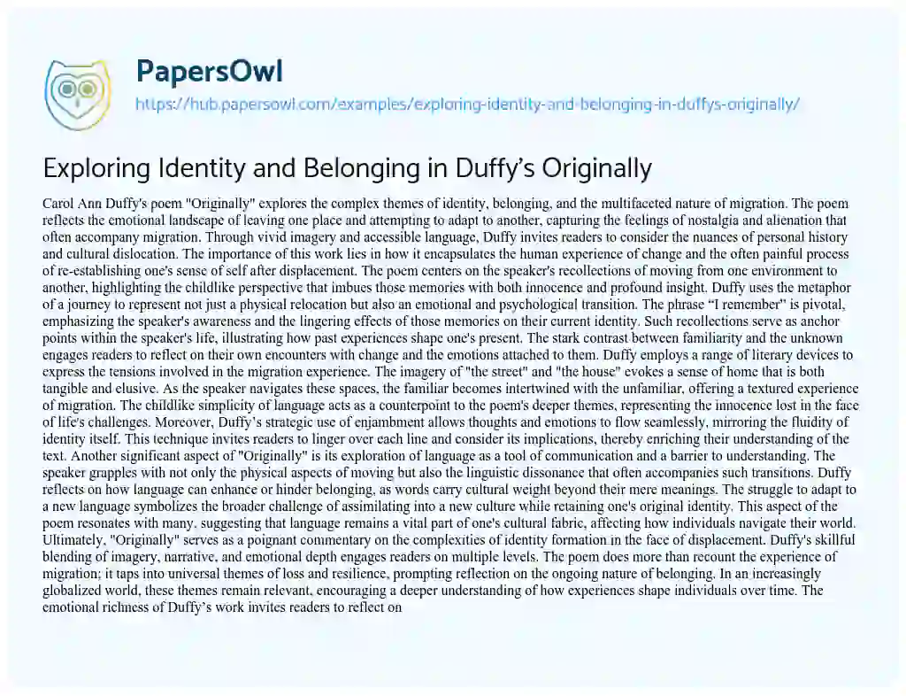 Essay on Exploring Identity and Belonging in Duffy’s Originally