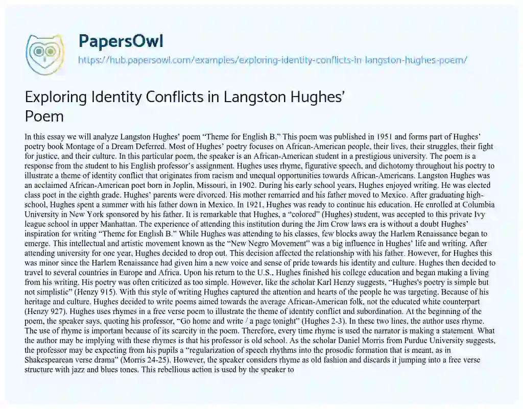 Essay on Exploring Identity Conflicts in Langston Hughes’ Poem