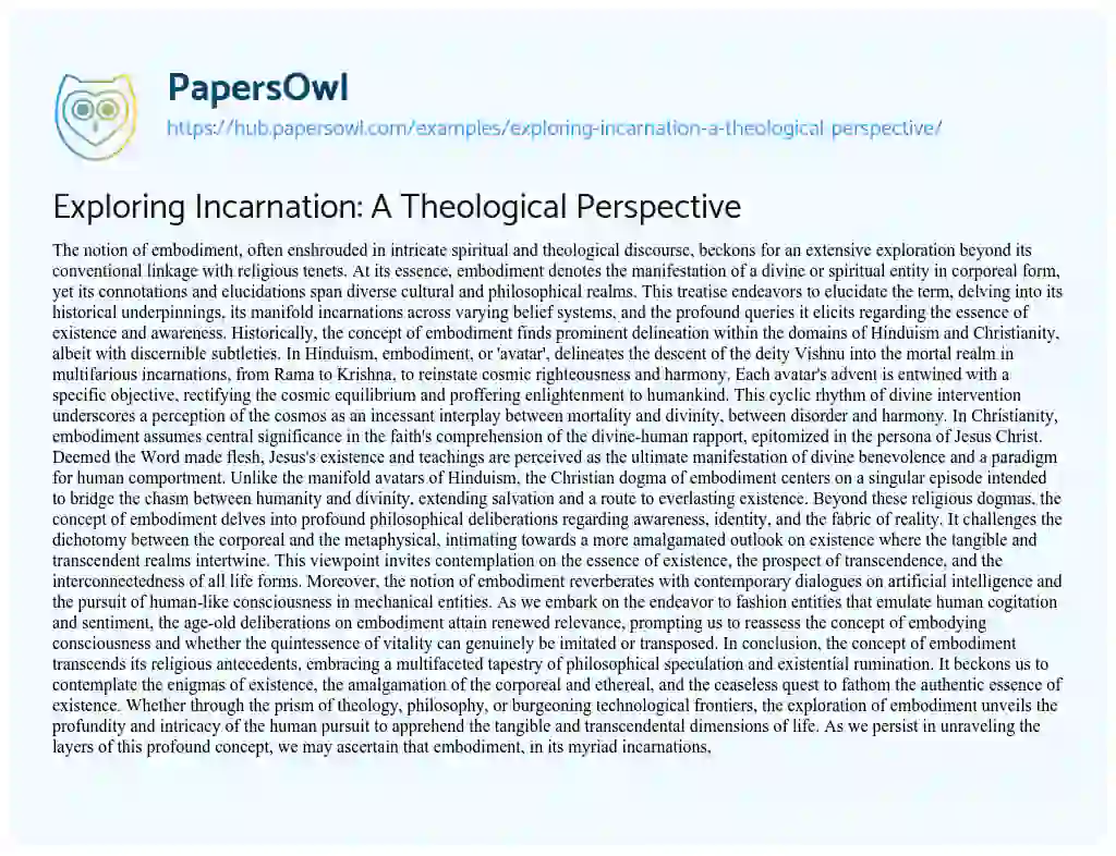 Essay on Exploring Incarnation: A Theological Perspective