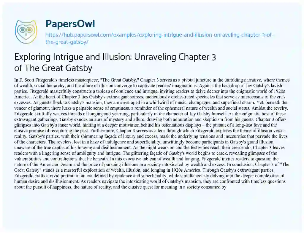 Essay on Exploring Intrigue and Illusion: Unraveling Chapter 3 of The Great Gatsby