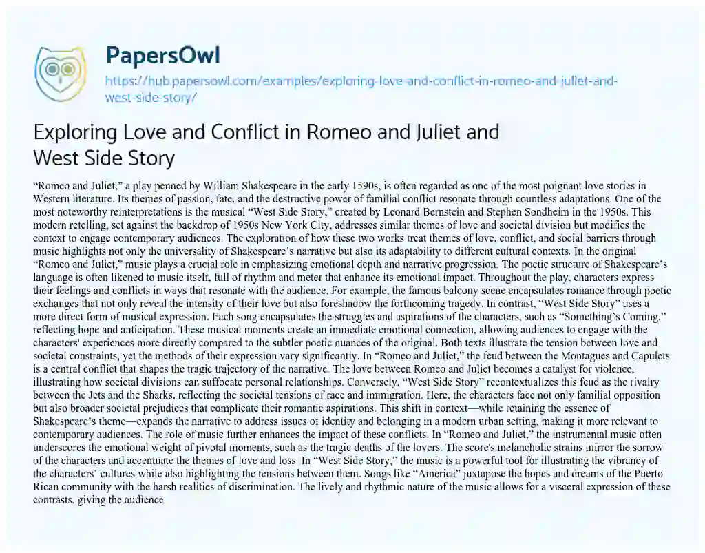 Essay on Exploring Love and Conflict in Romeo and Juliet and West Side Story