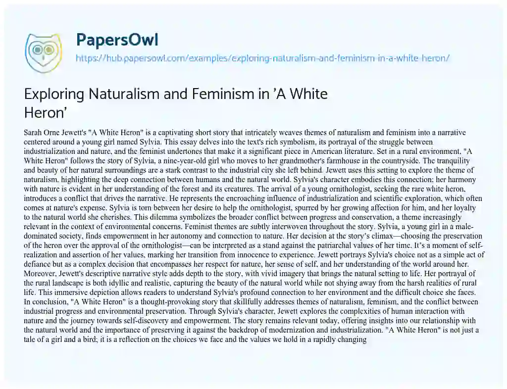Essay on Exploring Naturalism and Feminism in ‘A White Heron’