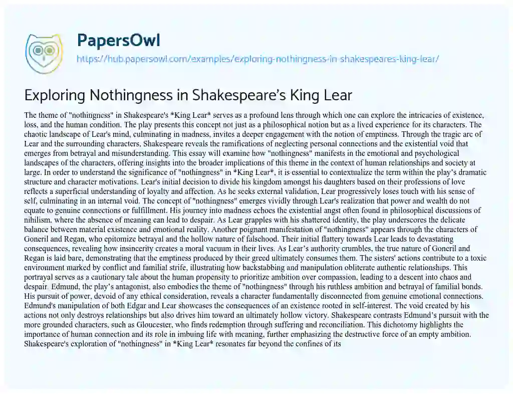 Essay on Exploring Nothingness in Shakespeare’s King Lear
