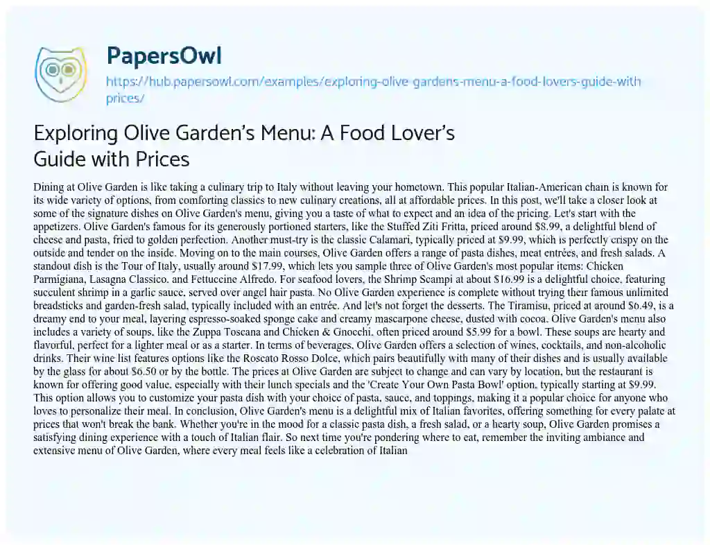 Essay on Exploring Olive Garden’s Menu: A Food Lover’s Guide with Prices