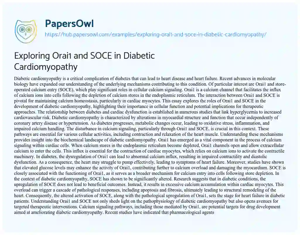 Essay on Exploring Orai1 and SOCE in Diabetic Cardiomyopathy