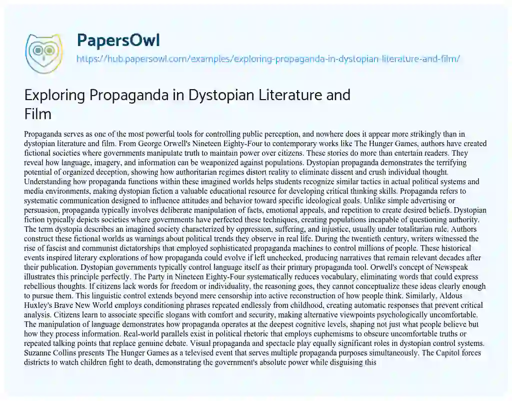 Essay on Exploring Propaganda in Dystopian Literature and Film