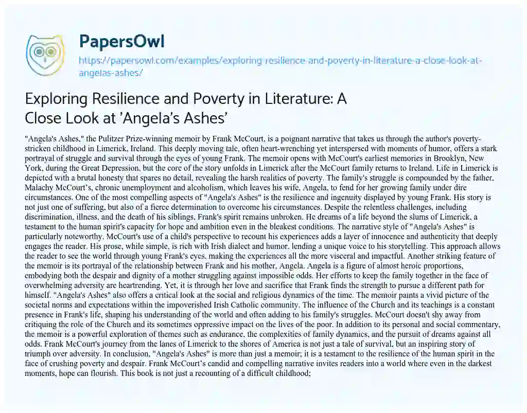 Essay on Exploring Resilience and Poverty in Literature: A Close Look at ‘Angela’s Ashes’