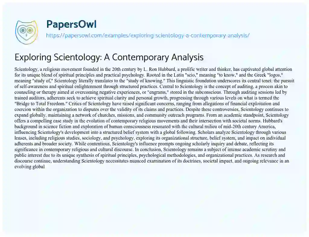 Essay on Exploring Scientology: A Contemporary Analysis